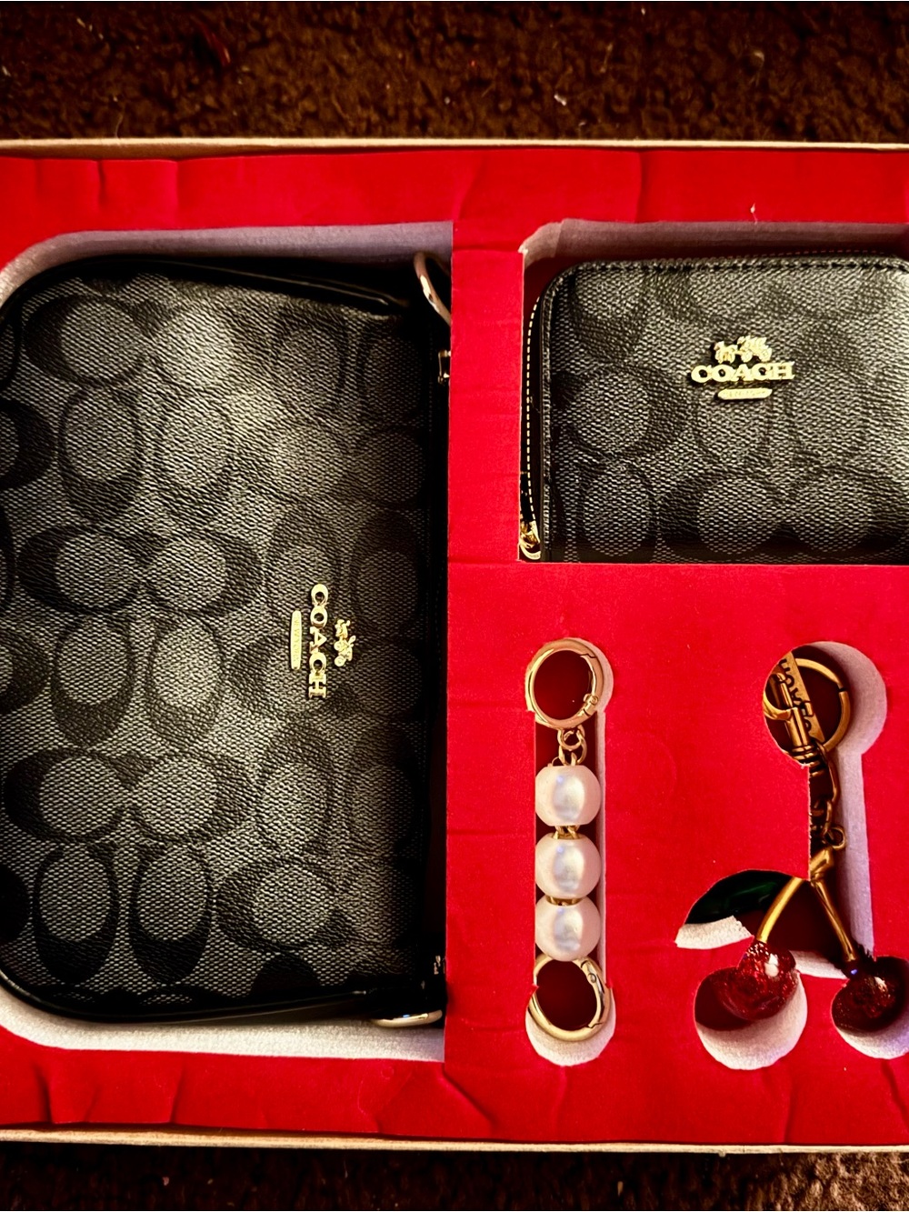 Black Signature Leather-like purse & Coin Purse Set with 2 purse charms/keych